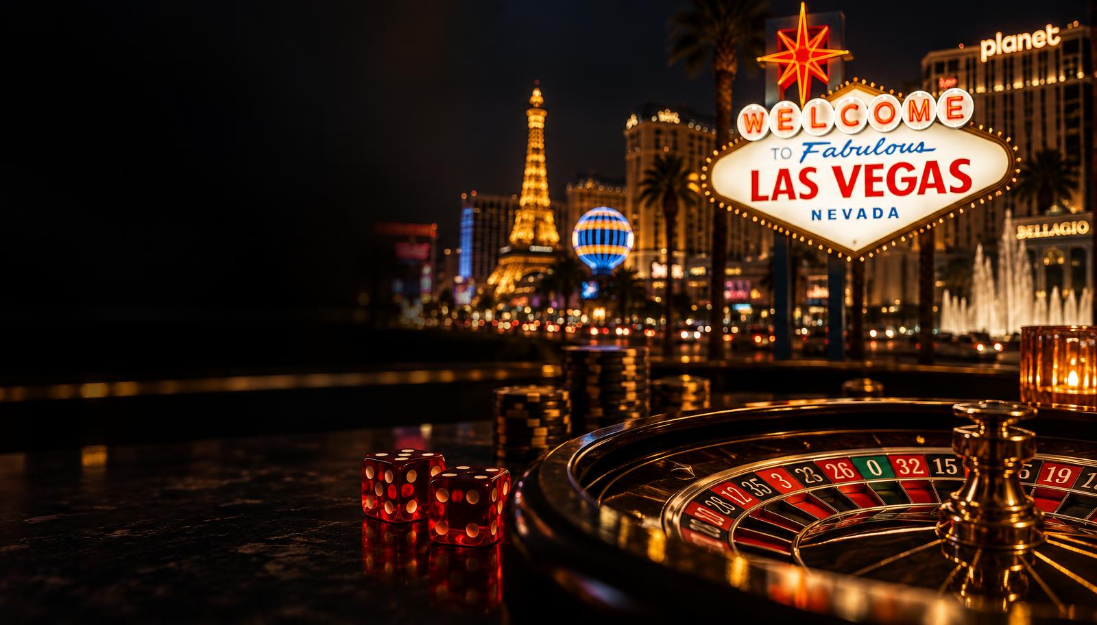 Das Schild „Welcome to Fabulous Las Vegas“ bei Nacht mit Würfeln und Roulette im Vordergrund